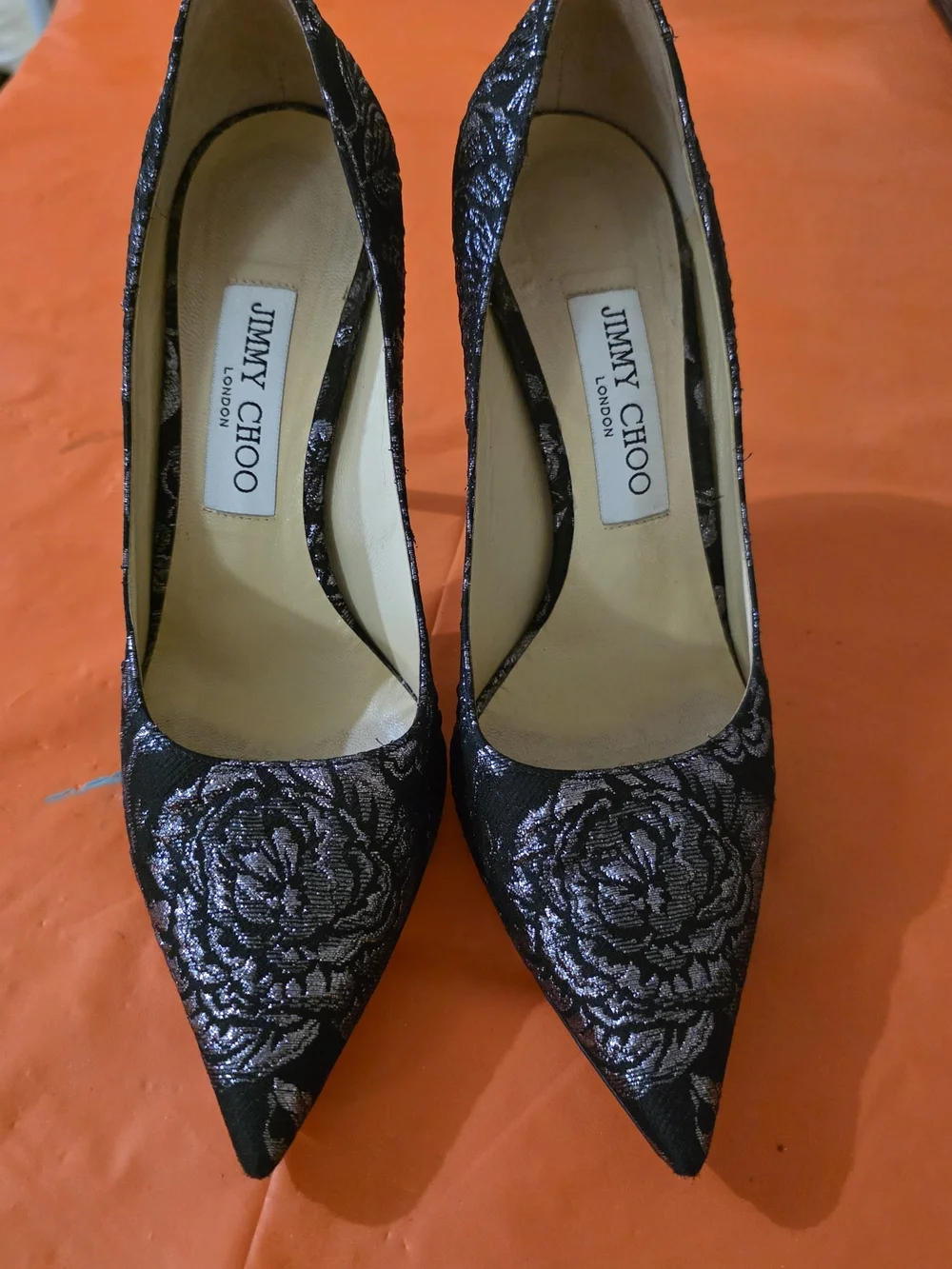 Jimmy Choo London Black Metallic Floral Pointed Toe Stiletto Pumps Heels